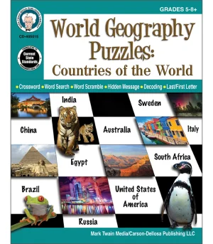 World Geography Puzzles: Countries of the World Workbook Grade 5-8+